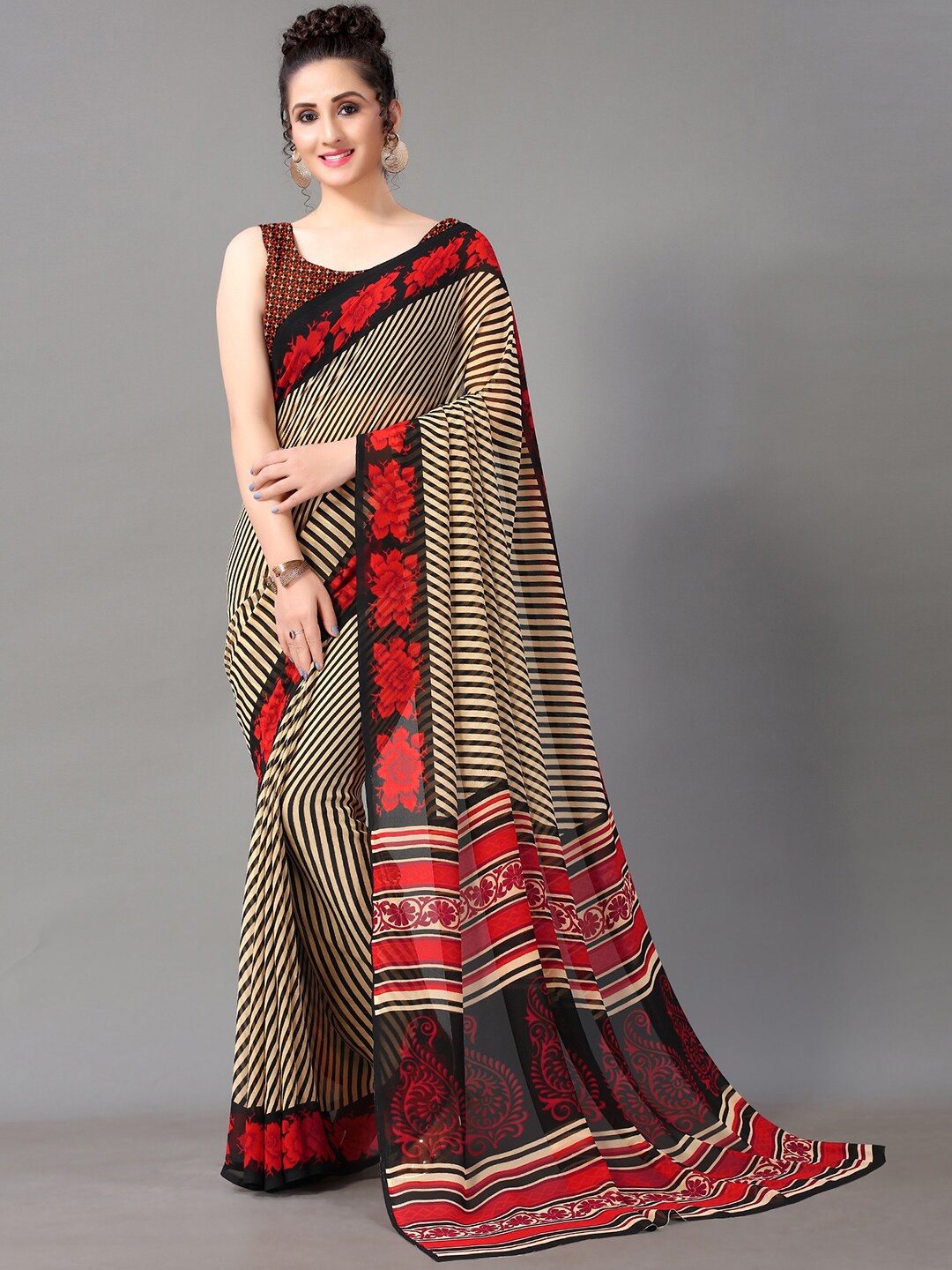 

HRITIKA Beige & Black Striped Floral Pure Georgette Saree