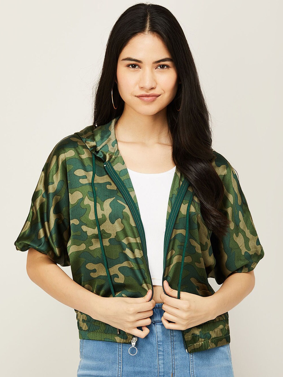 

Ginger by Lifestyle Women Olive Green & Beige Camouflage Polyester Tailored Jacket