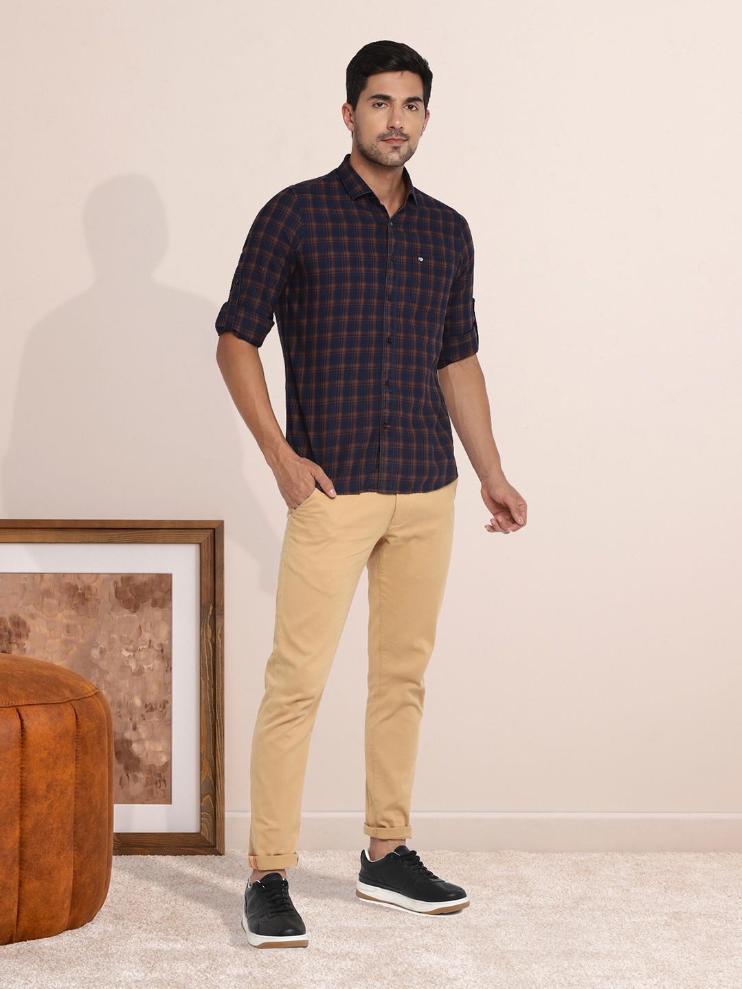 

Red Chief Men Navy Blue And Brown Checked Slim Fit Cotton Casual Shirt