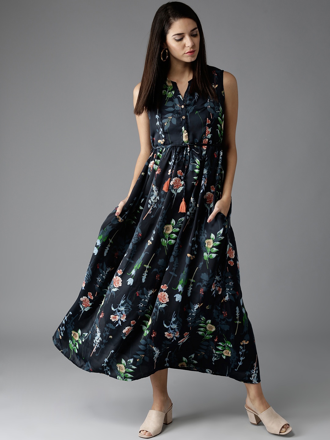 

HERE&NOW Navy Floral Printed Maxi Dress, Navy blue