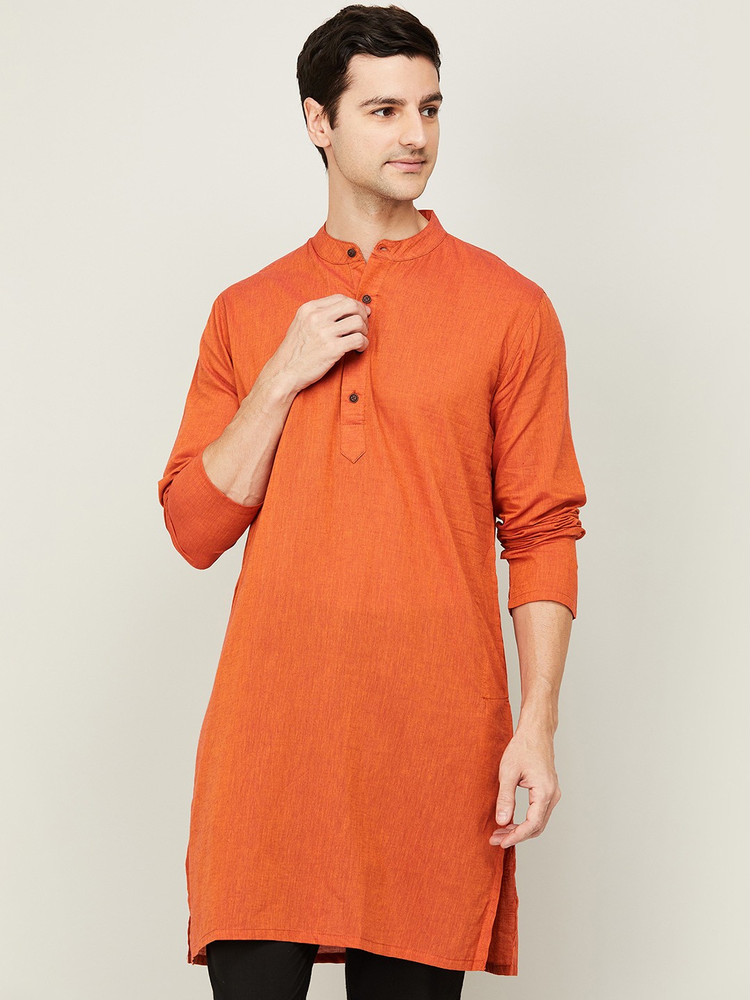 

Melange by Lifestyle Men Orange Straight Cotton Kurta