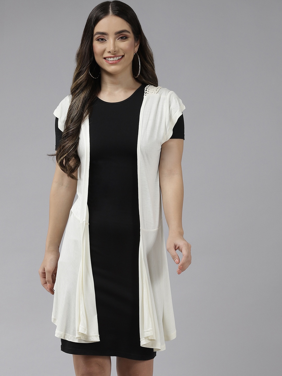 

Aarika Women Cream-Coloured Longline Fusion Shrug