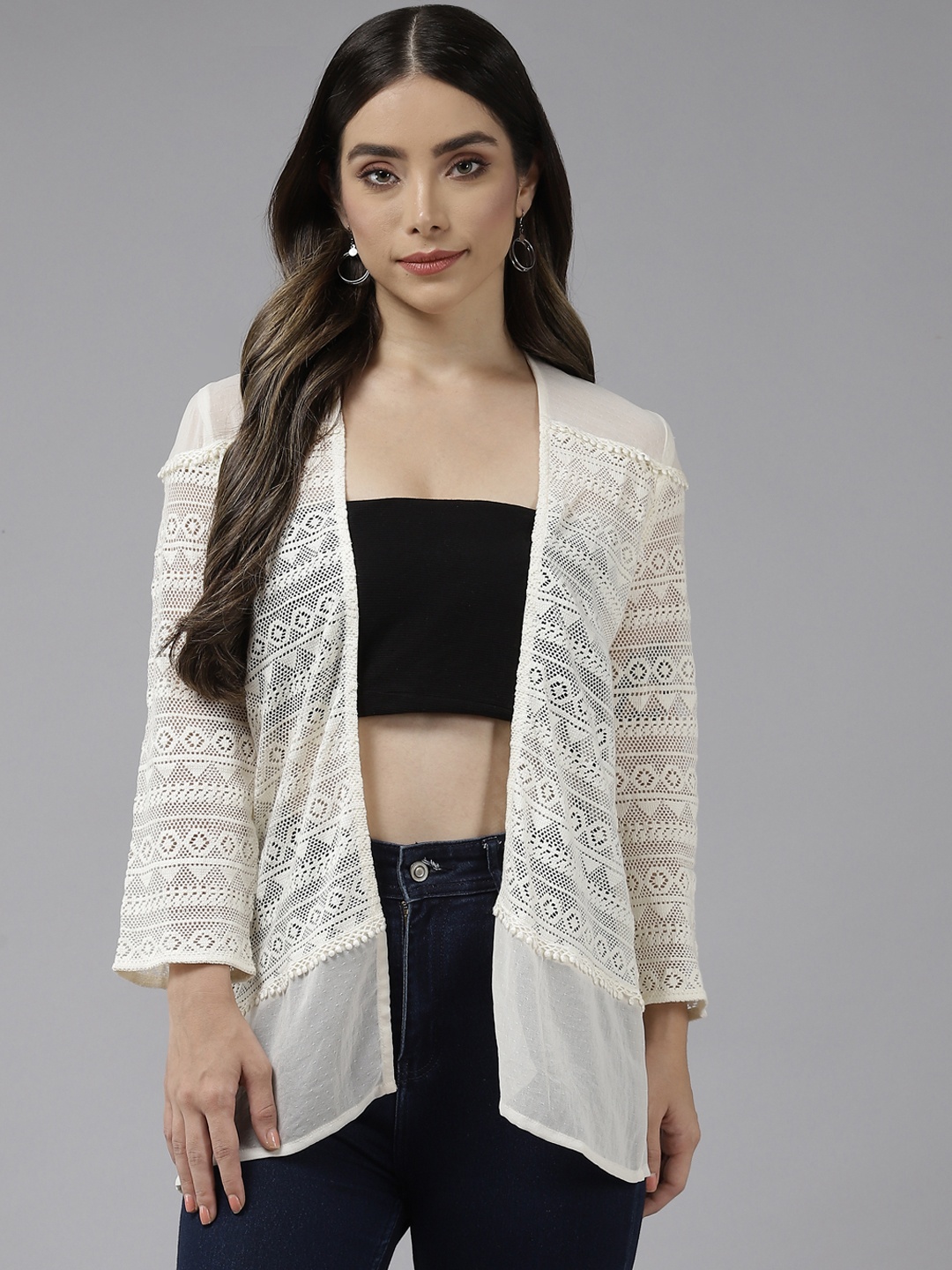 

Aarika Women Cream-Coloured Longline Fusion Shrug