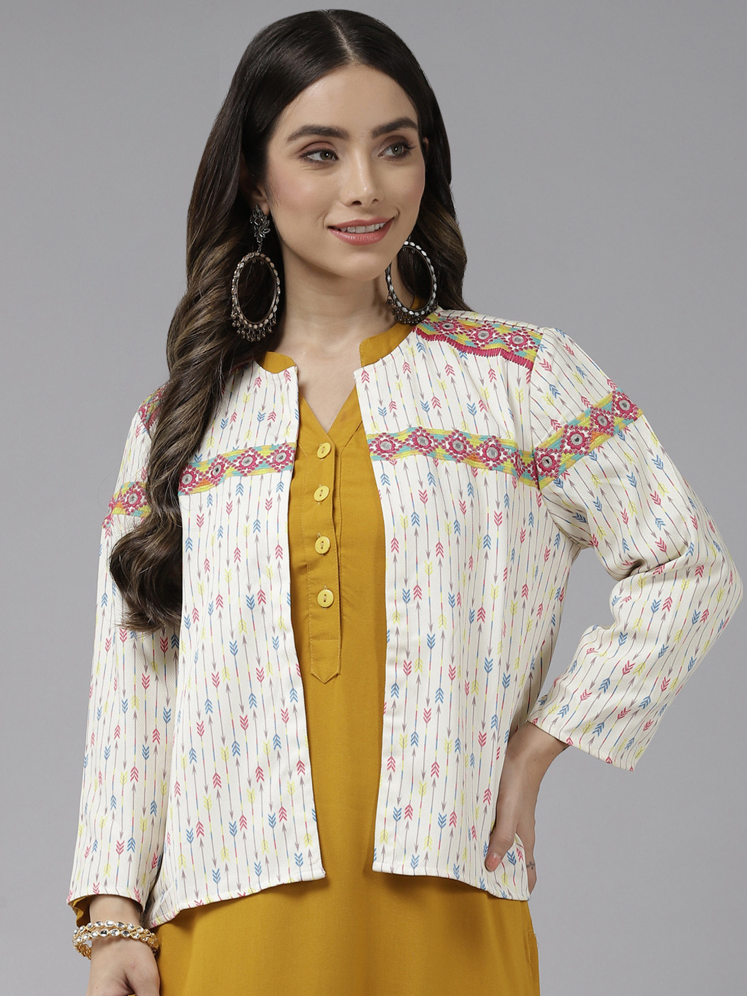

Aarika Women Cream-Coloured Printed Fusion Shrug