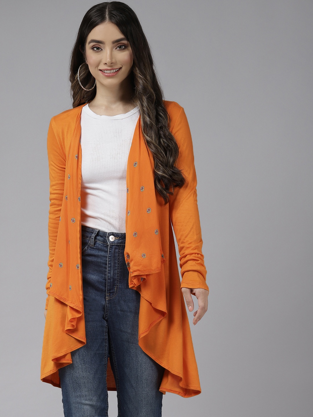 

Aarika Women Orange Printed Longline Shrug