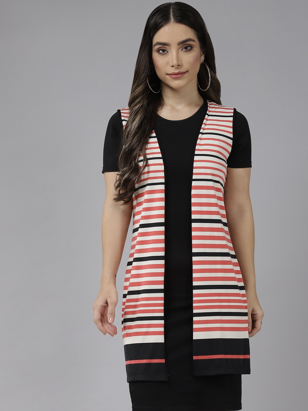 

Aarika Women Cream-Coloured & Red Striped Longline Shrug