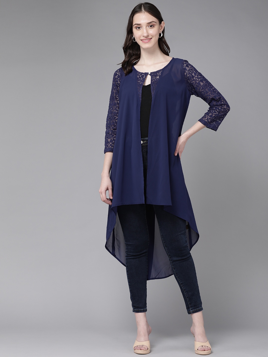 

Aarika Women Navy Blue Solid Longline Shrug