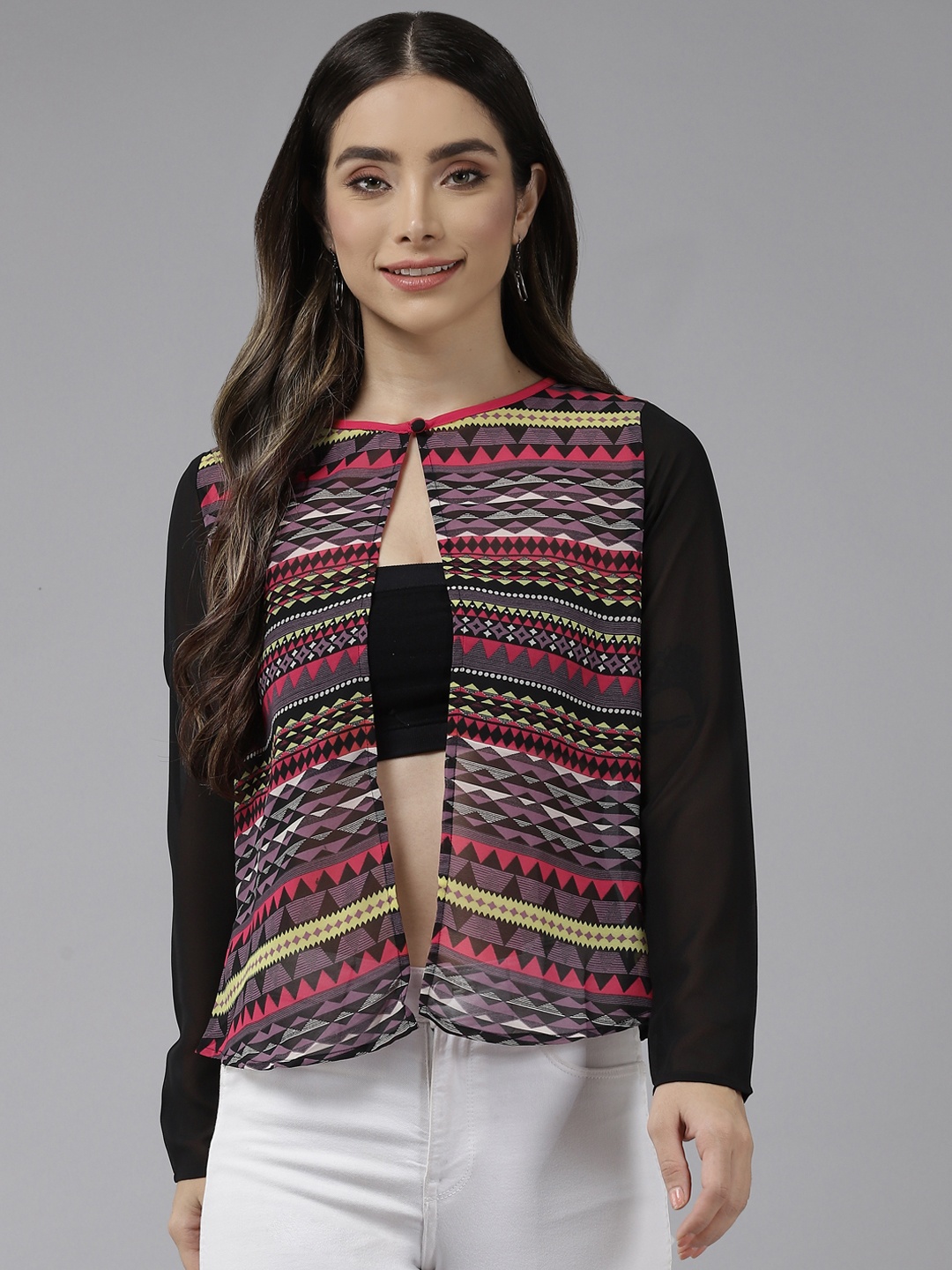 

Aarika Women Black & Pink Printed Fusion Shrug