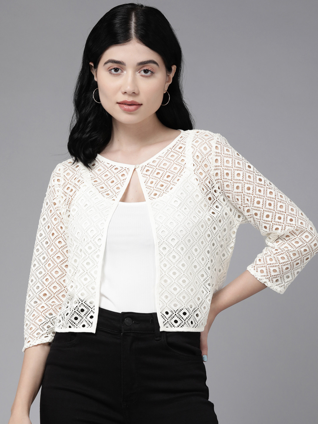 

Aarika Women White Self Design Shrug