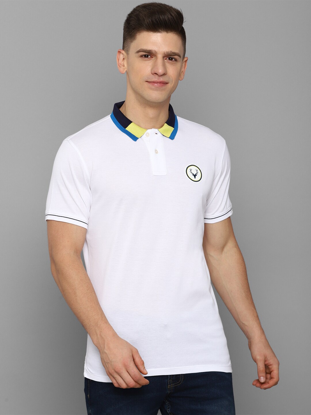 

Allen Solly Men White Solid Pure Cotton Polo Collar Applique T-shirt