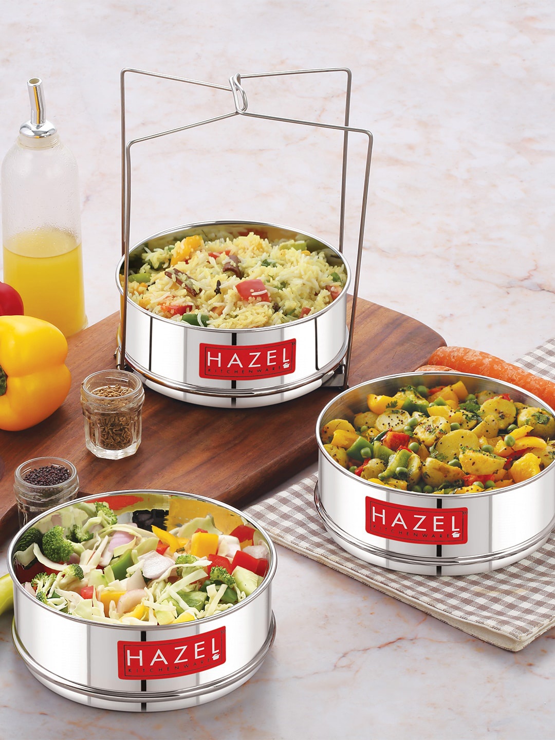 

HAZEL Set of 3 Cooker Container with Holder Flat Cooker Dabba Separator 8L, Silver