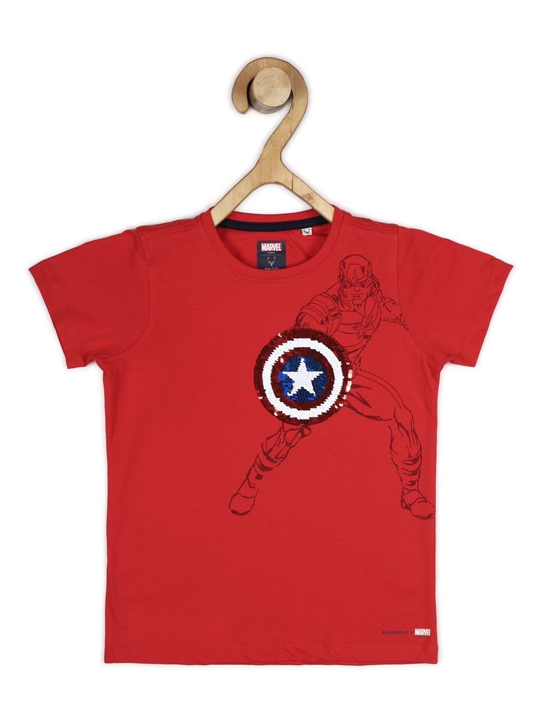 

Allen Solly Junior Boys Red & Blue Captain America Printed Pure Cotton T-shirt