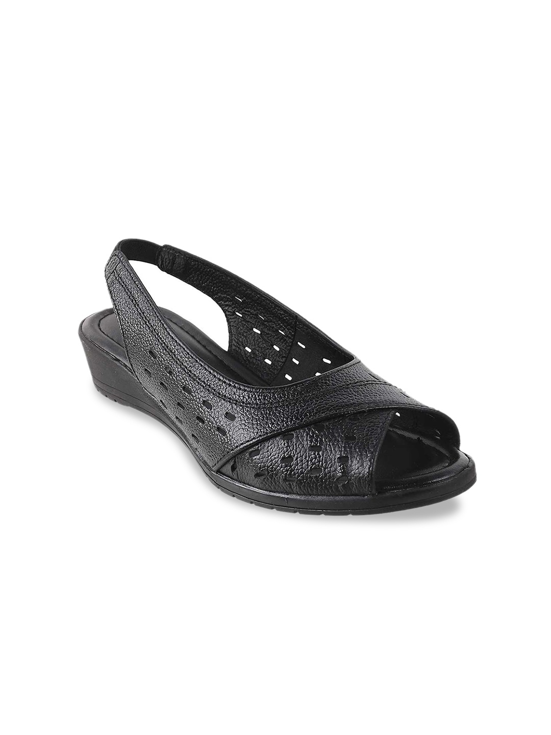 

Mochi Black Textured Leather Wedge Mules with Laser Cuts