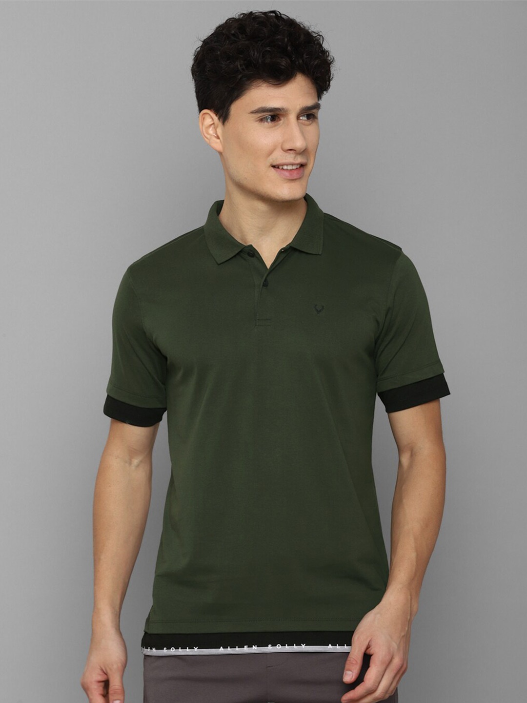 

Allen Solly Tribe Men Olive Green & Black Polo Collar Pure Cotton T-shirt