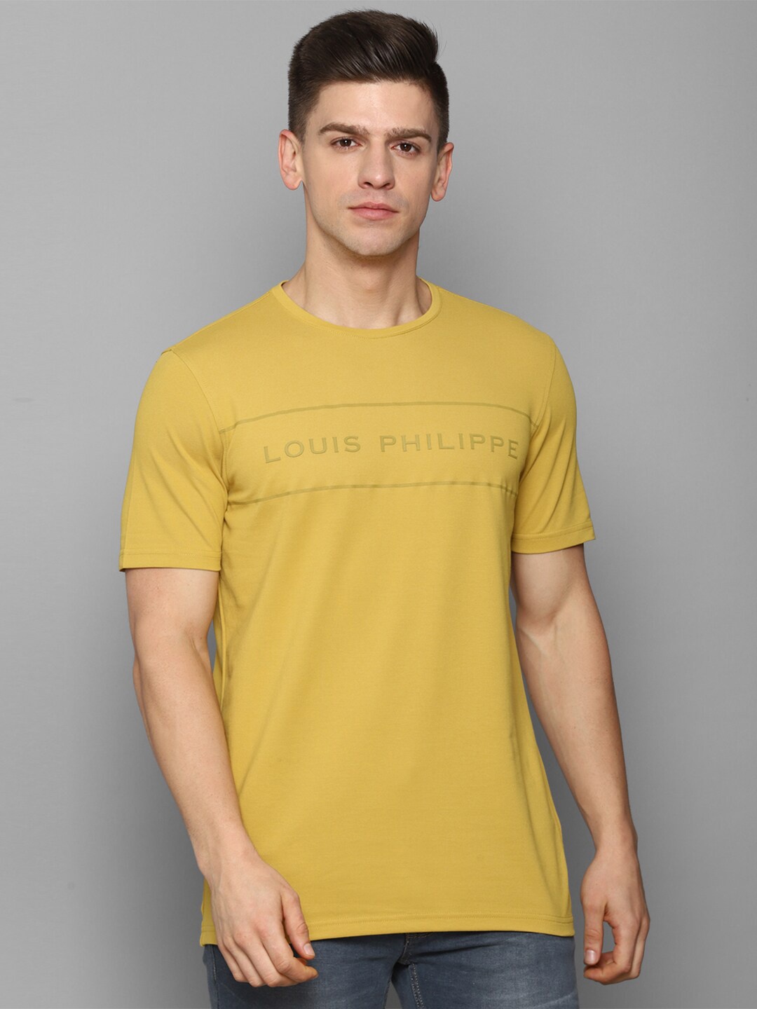 

Louis Philippe ATHPLAY Men Mustard Yellow Typography Printed Slim Fit T-shirt