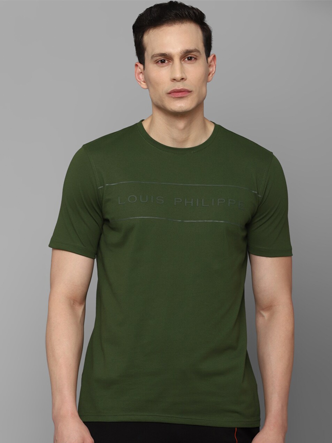 

Louis Philippe Men Olive Green Typography Printed Slim Fit T-shirt