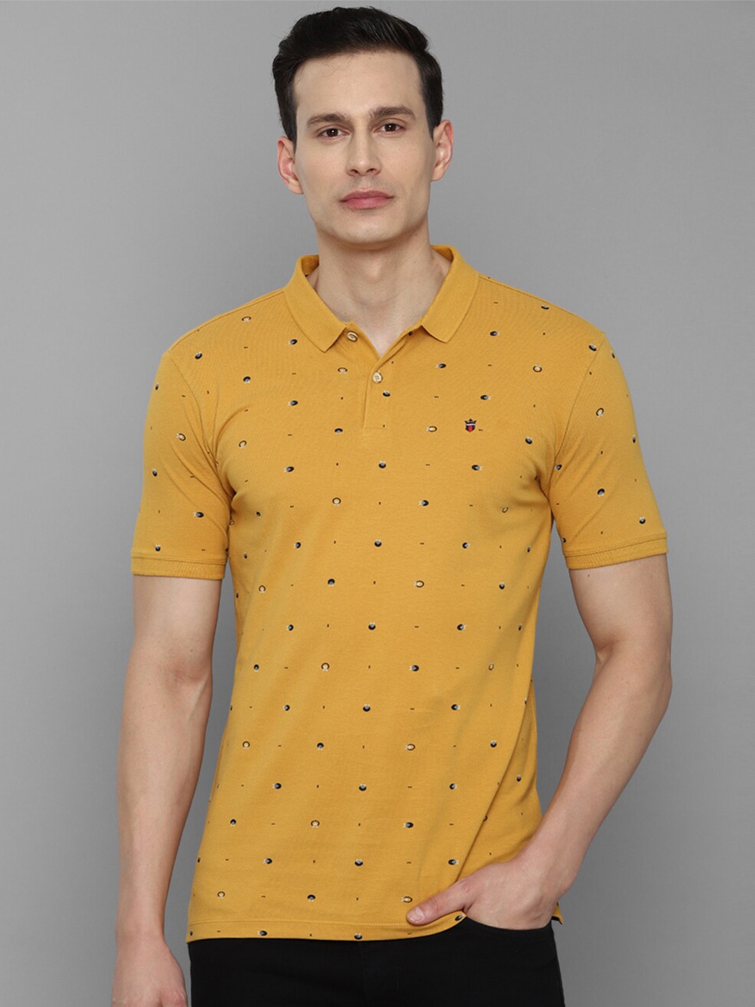 

Louis Philippe Jeans Men Yellow Printed Polo Collar Pure Cotton Slim Fit T-shirt