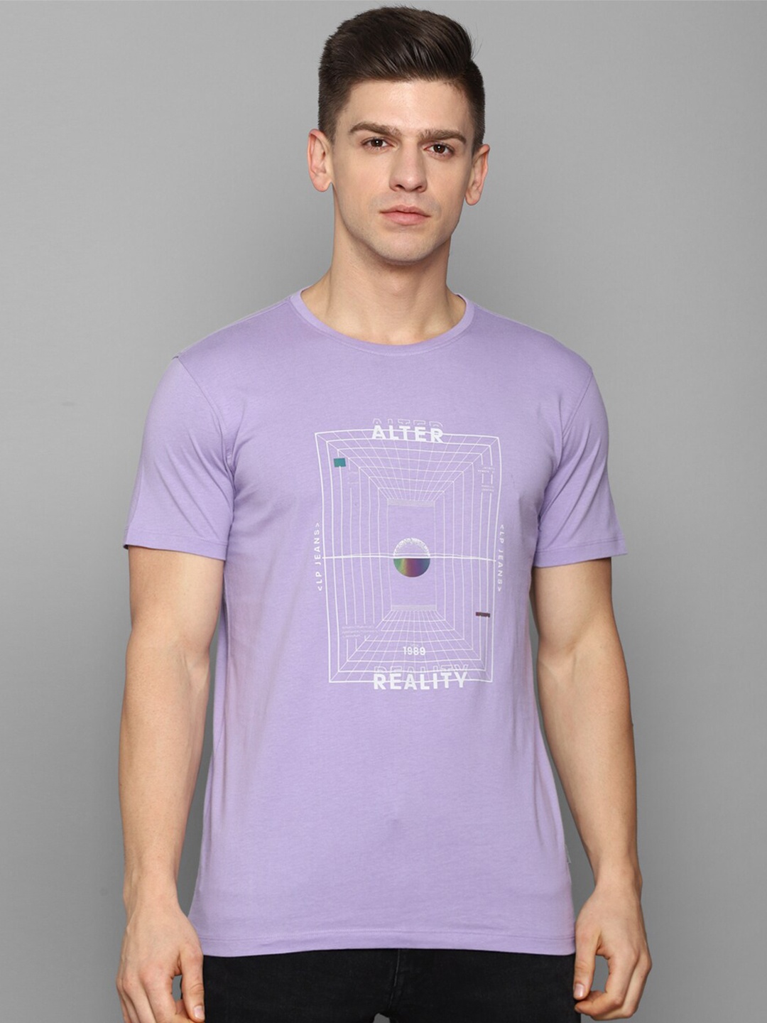

Louis Philippe Jeans Men Lavender Printed Pure Cotton Slim Fit T-shirt