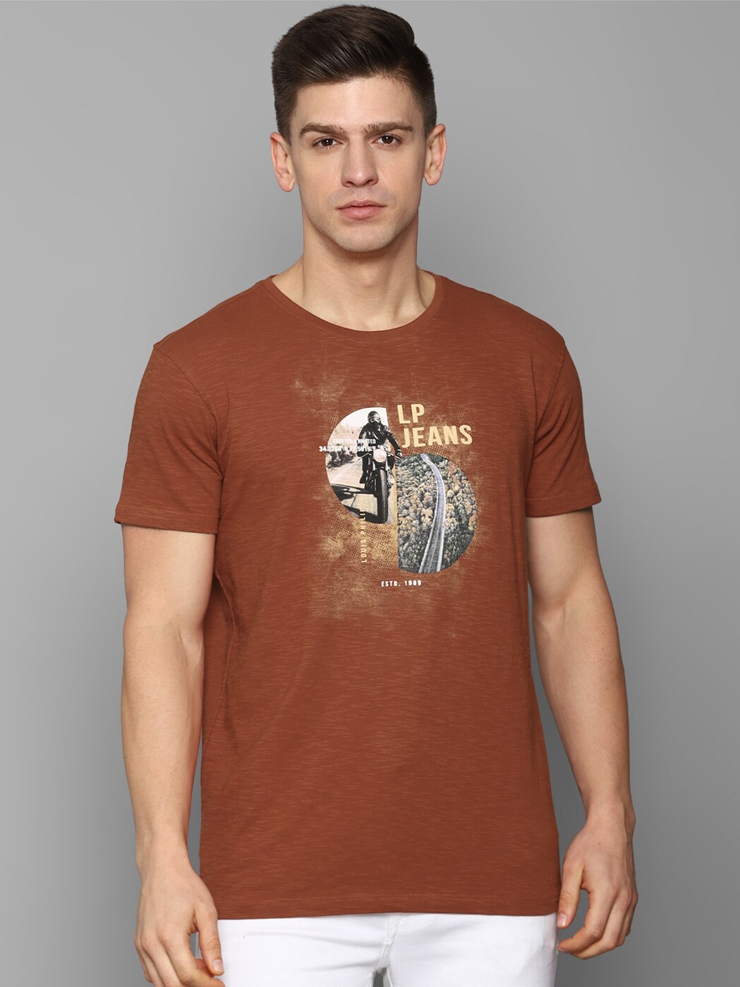 

Louis Philippe Jeans Men Brown Biker Printed Pure Cotton Slim Fit T-shirt