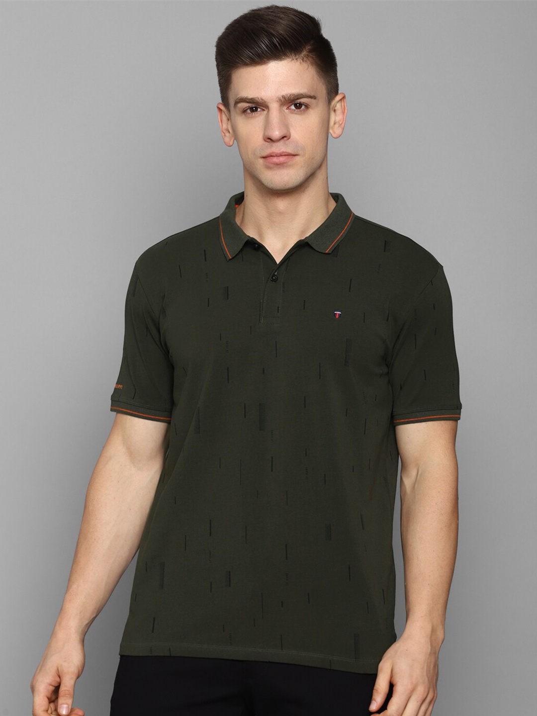 

Louis Philippe Jeans Men Olive Green Printed Polo Collar Pure Cotton Slim Fit T-shirt