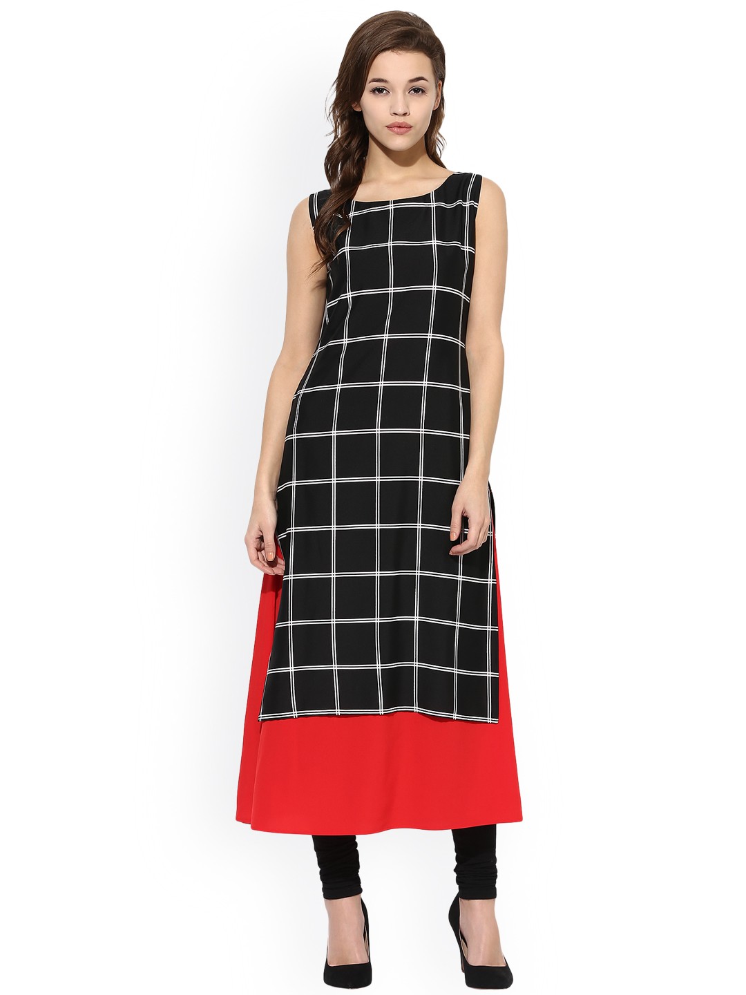 

Ahalyaa Women Black & Off-White Checked A-Line Kurta