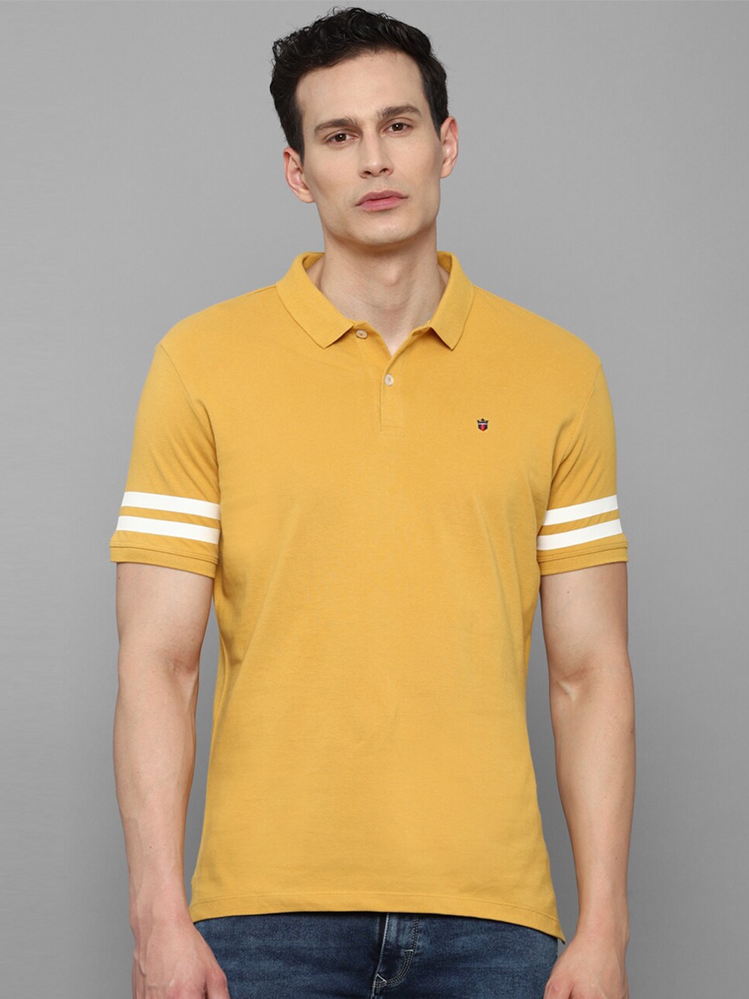 

Louis Philippe Jeans Men Mustard Yellow Polo Collar Pure Cotton Slim Fit T-shirt