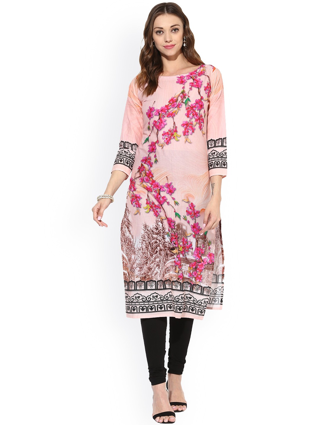 

Ahalyaa Women Pink Printed Straight Cotton Kurta