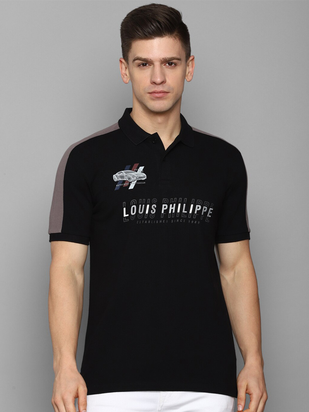 

Louis Philippe Sport Men Black Typography Printed Polo Collar Slim Fit T-shirt