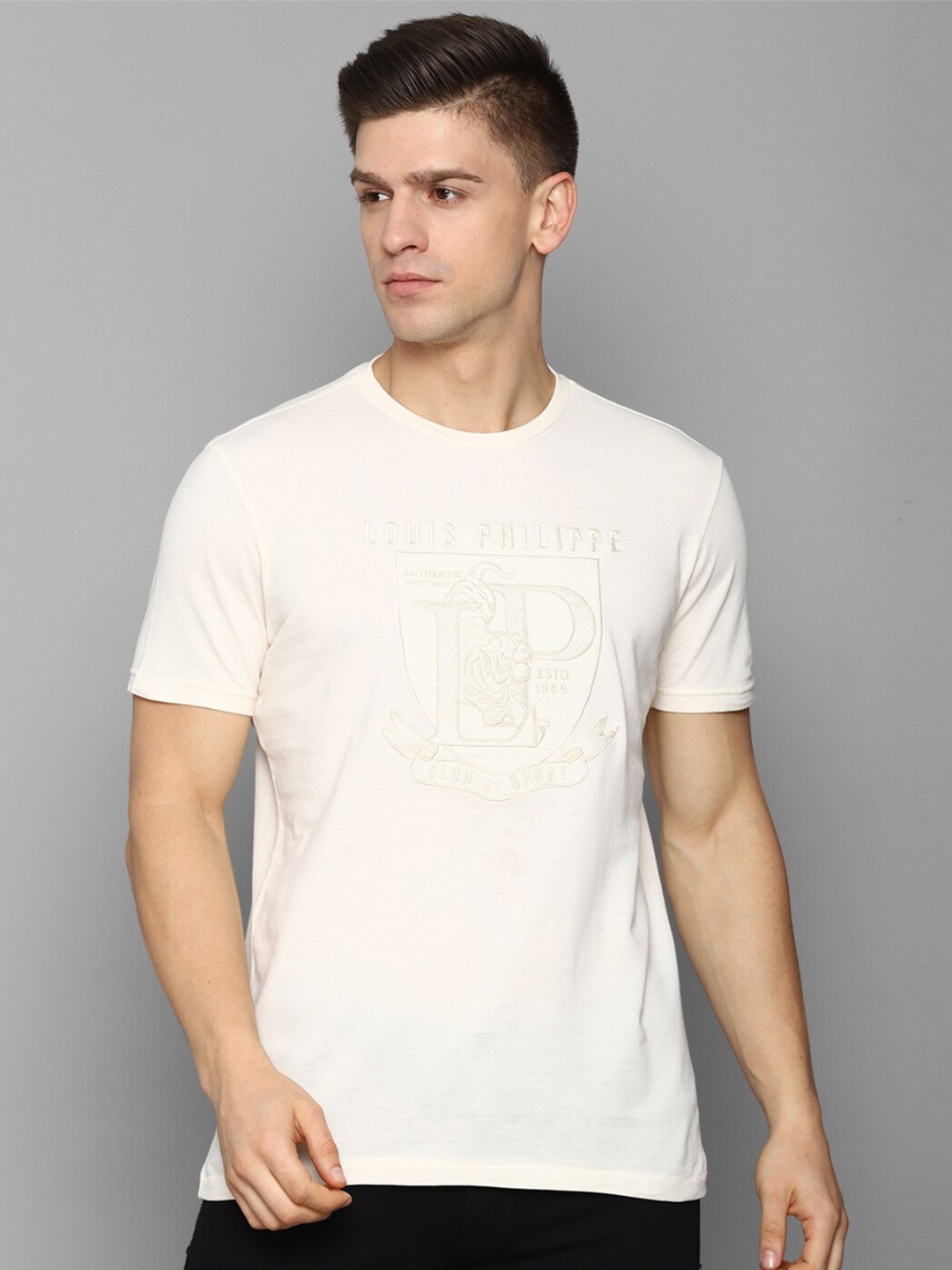 

Louis Philippe Sport Men Cream Coloured Cotton Typography Slim Fit T-shirt