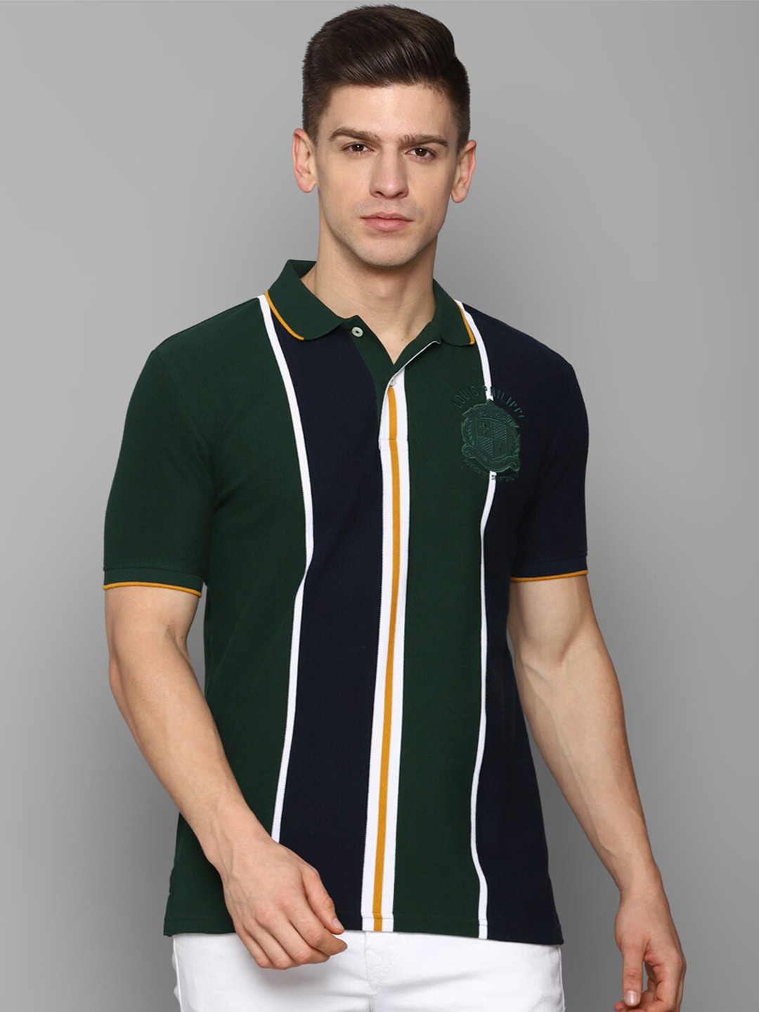 

Louis Philippe Sport Men Navy Blue & Green Striped Polo Collar Slim Fit T-shirt