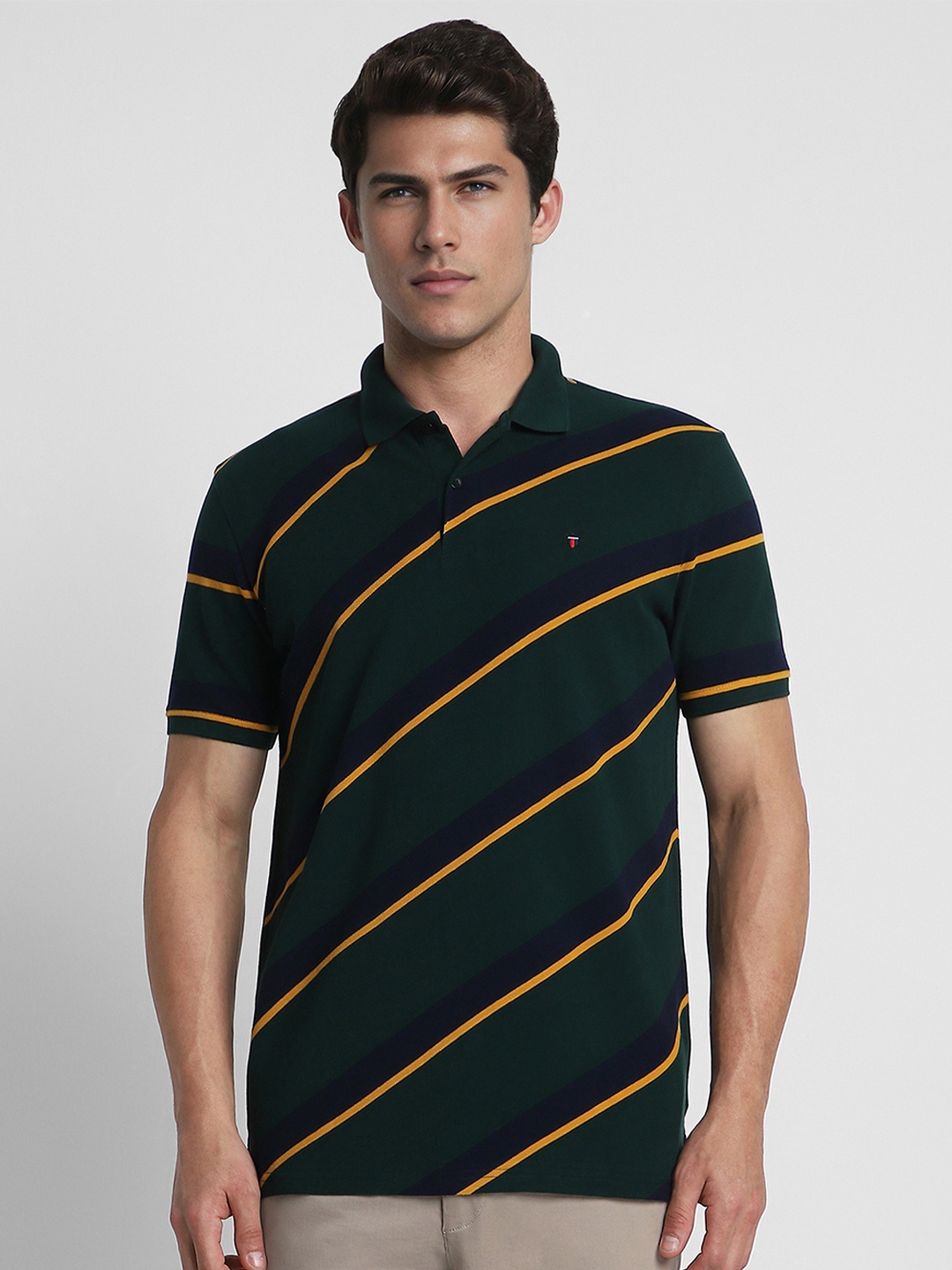 

Louis Philippe Sport Men Olive Green & Black Striped Polo Collar Cotton T-shirt