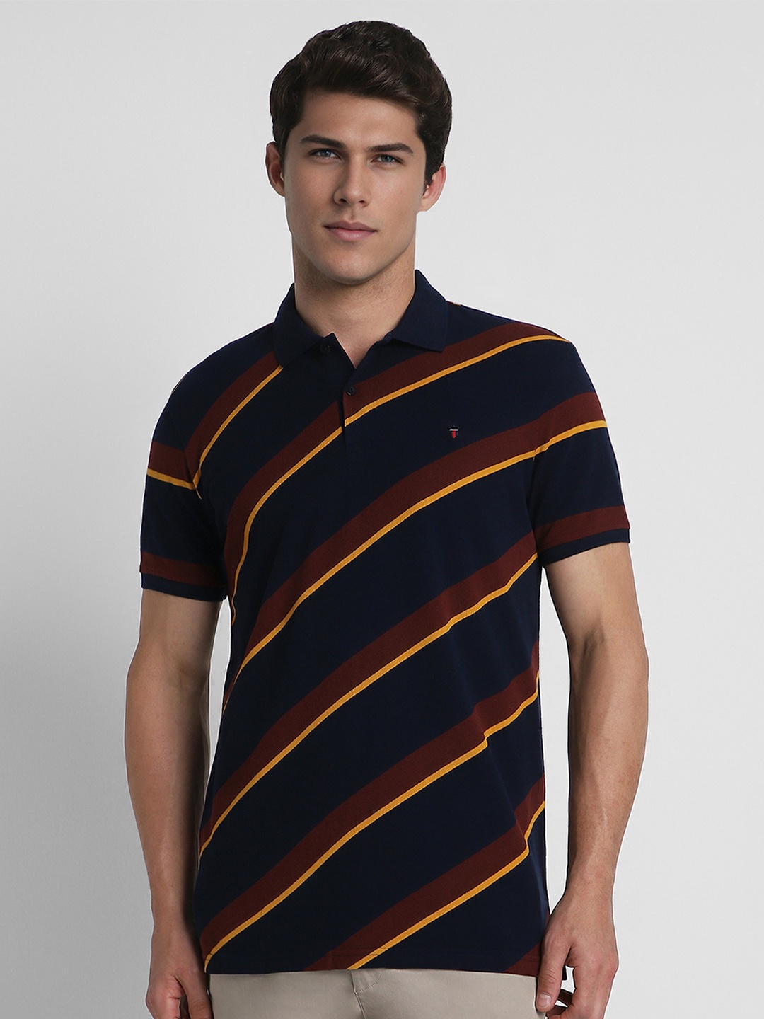 

Louis Philippe Sport Men Navy Blue & Rust Striped Polo Collar Cotton T-shirt