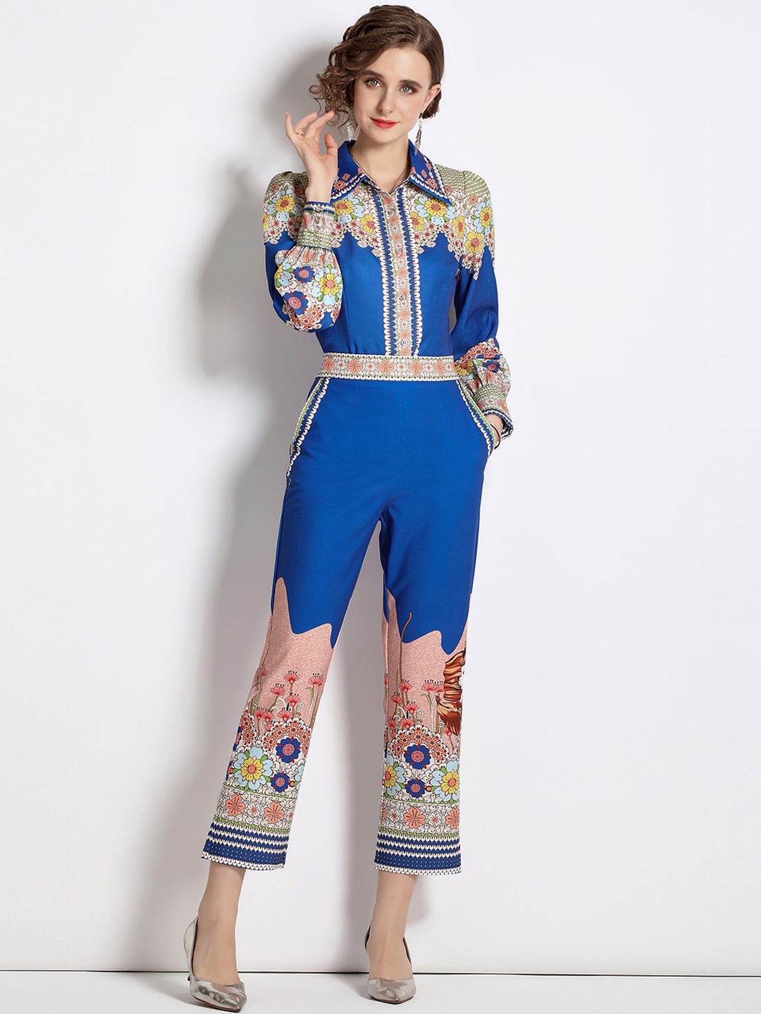 

JC Collection Women Blue and Coral Printed Co-Ords