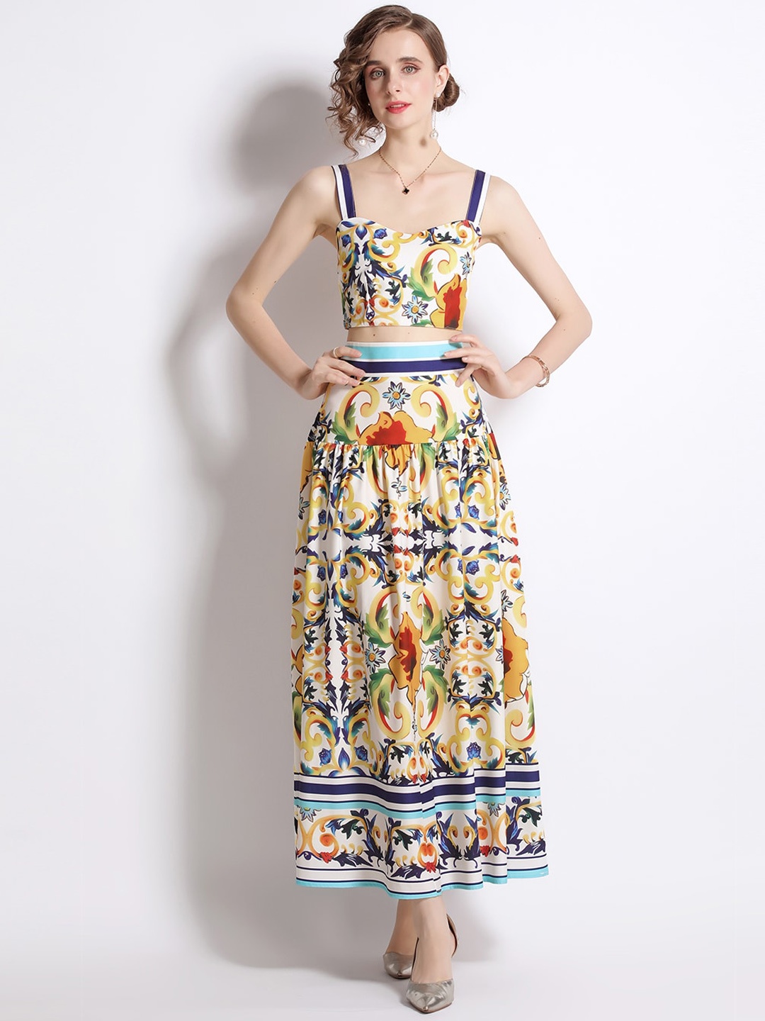

JC Collection Women Yellow & Blue Floral Printed Co-Ords, White