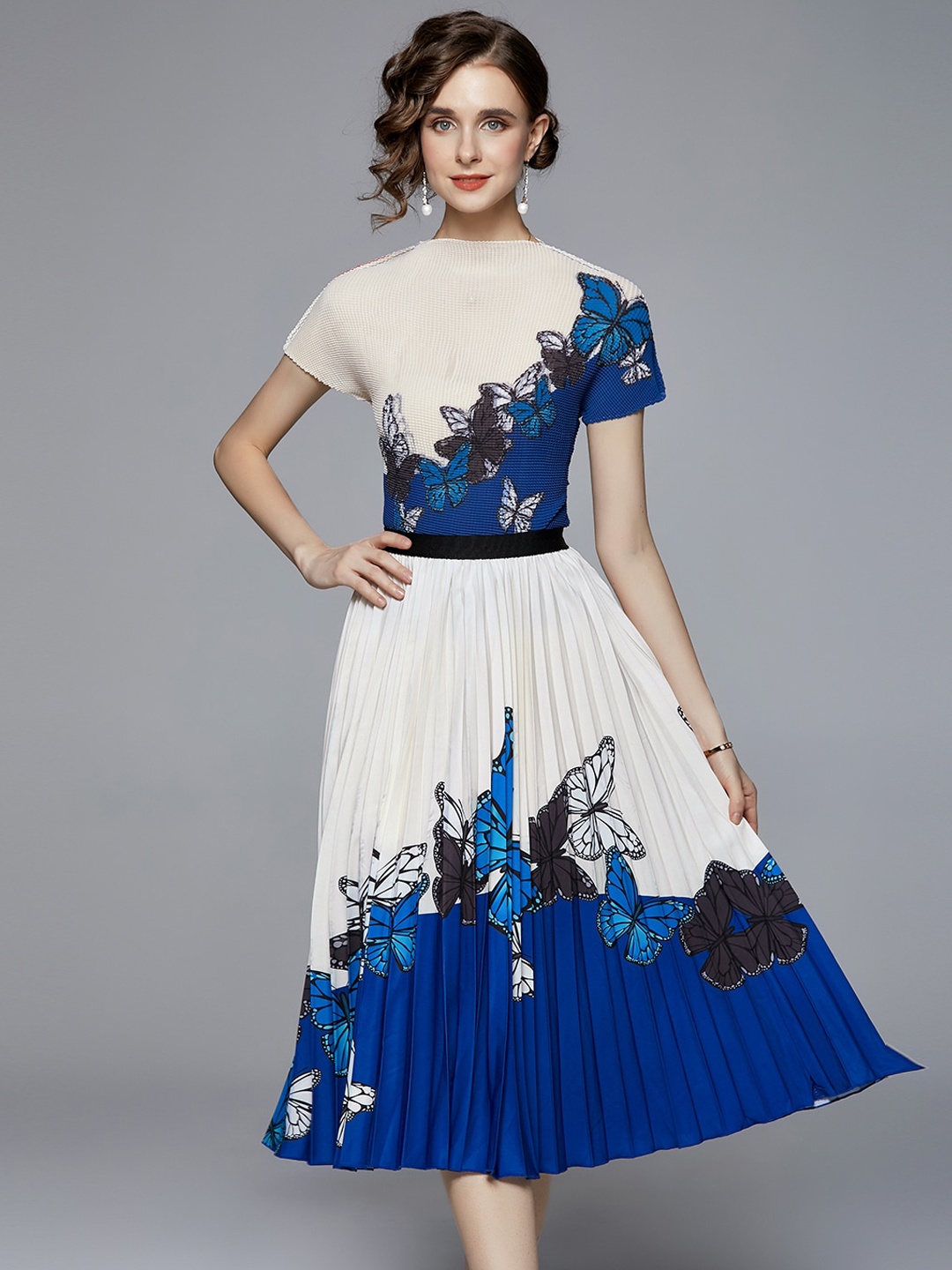 

JC Collection Women White & Blue Printed Top & Skirt