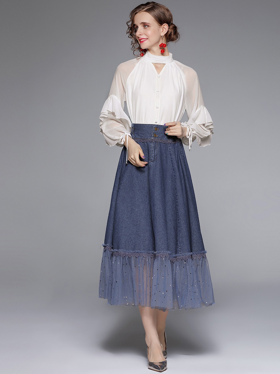 

JC Collection Women White & Blue Solid Top & Skirt Co-Ords