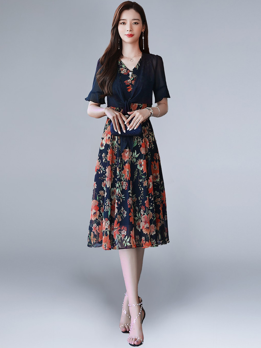 

JC Collection Women Blue Floral Printed Sleeveless Fit And Flare Midi Dress With Shrug