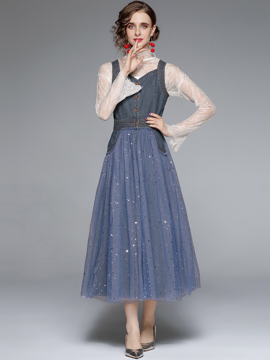 

JC Collection Women Blue & White Embellished Top with Skirt
