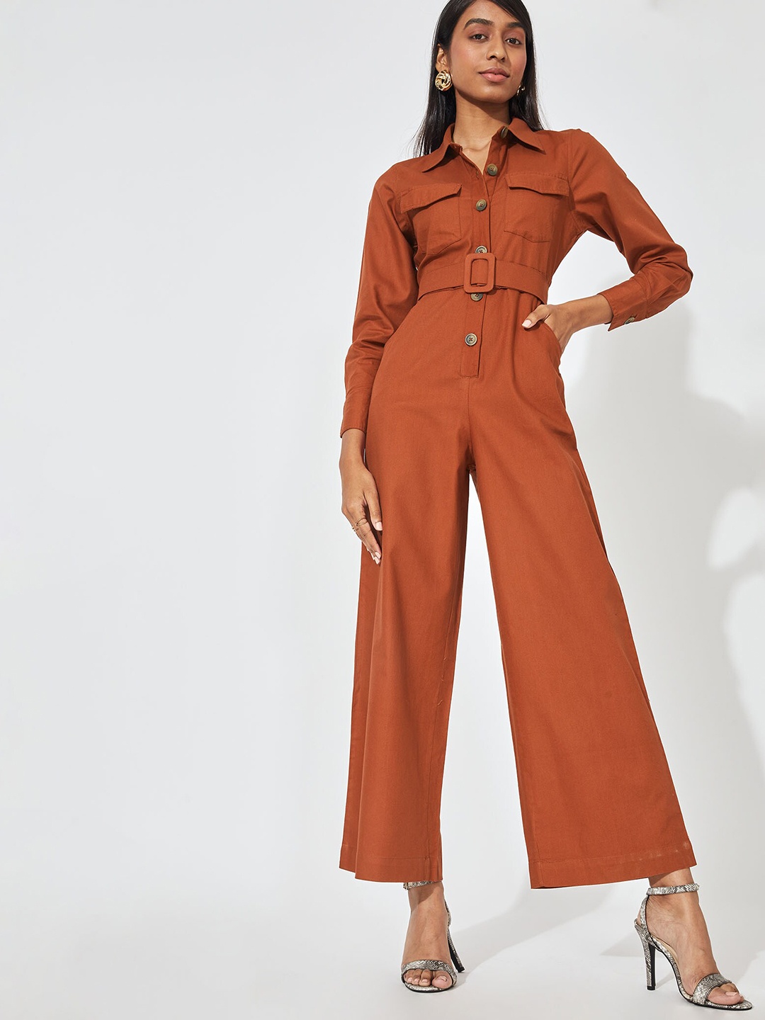 

The Label Life Solid Shirt Collar Pocket Detail Basic Jumpsuit, Rust
