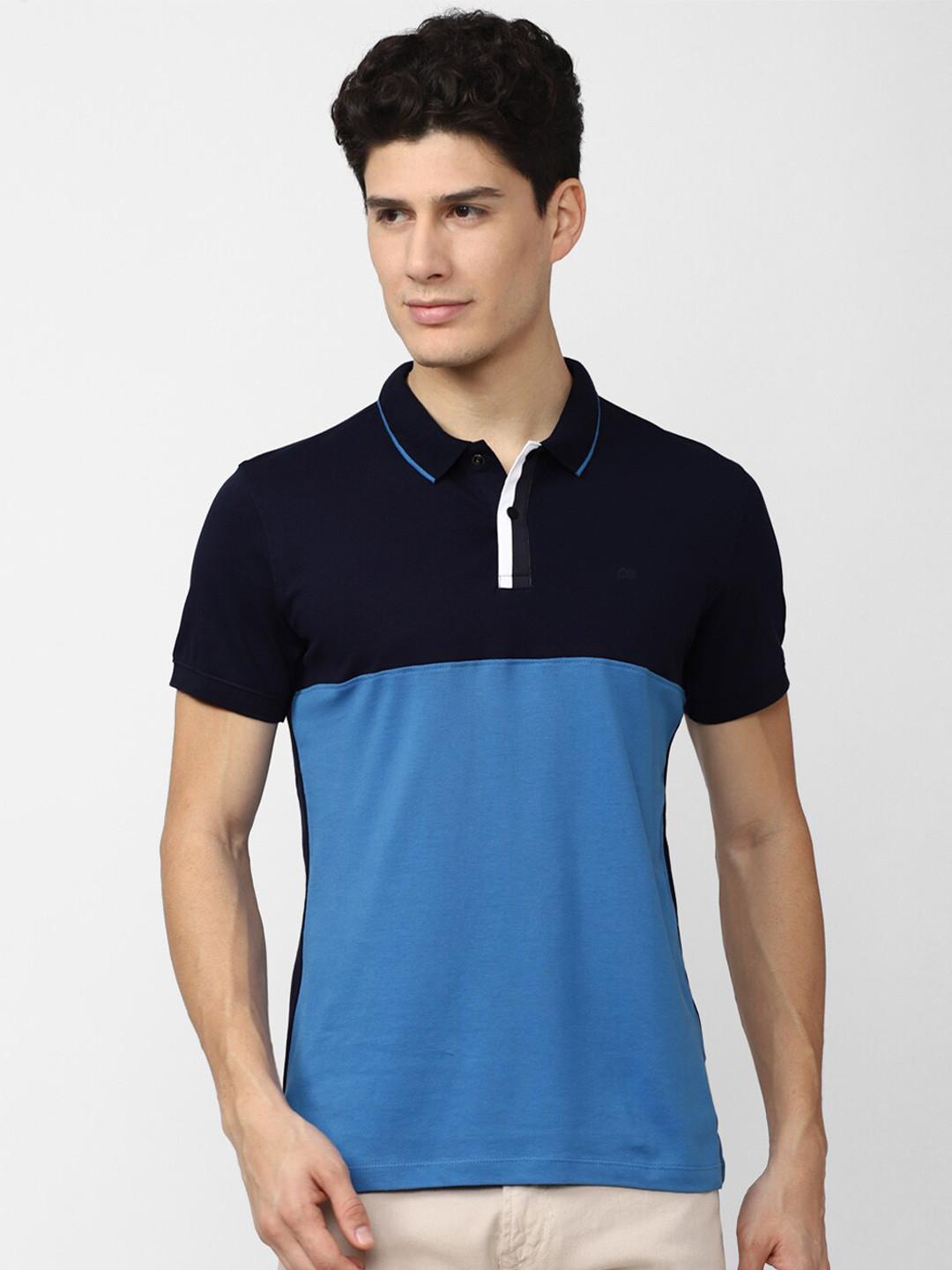

Peter England Casuals Men Navy Blue Colourblocked Polo Collar Slim Fit Pure Cotton T-shirt