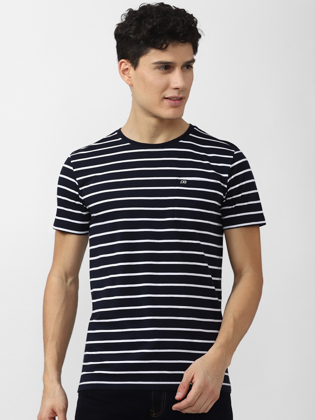 

Peter England Casuals Men Black & White Striped Slim Fit T-shirt