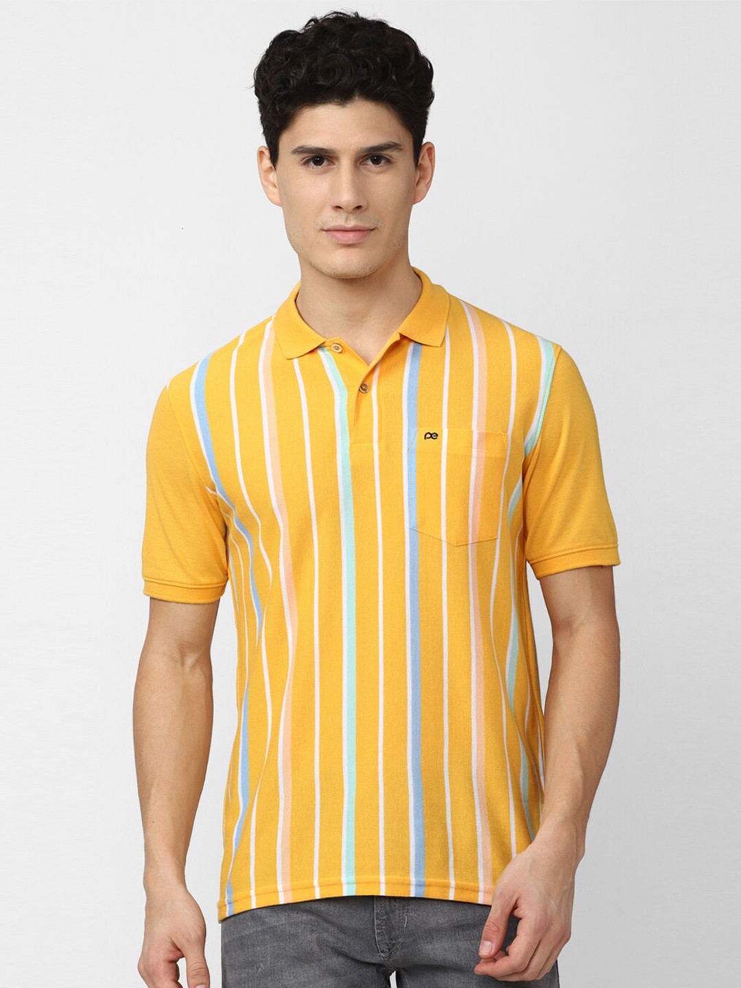 

Peter England Casuals Men Yellow & Blue Striped Polo Collar T-shirt