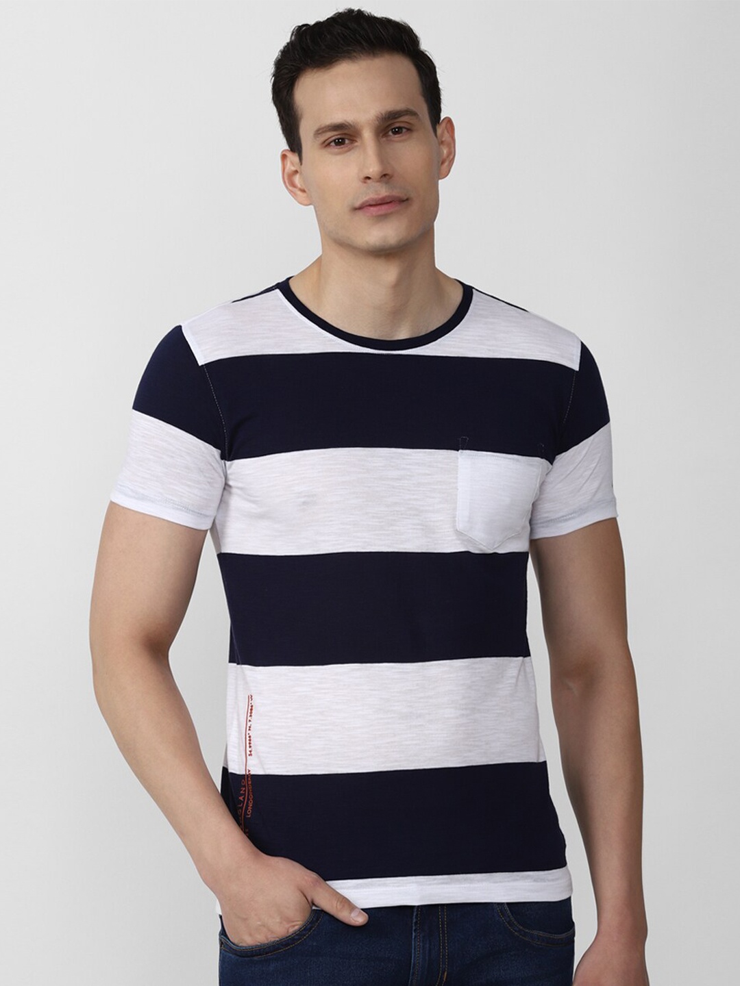

Peter England Casuals Men Black & White Striped Slim Fit T-shirt