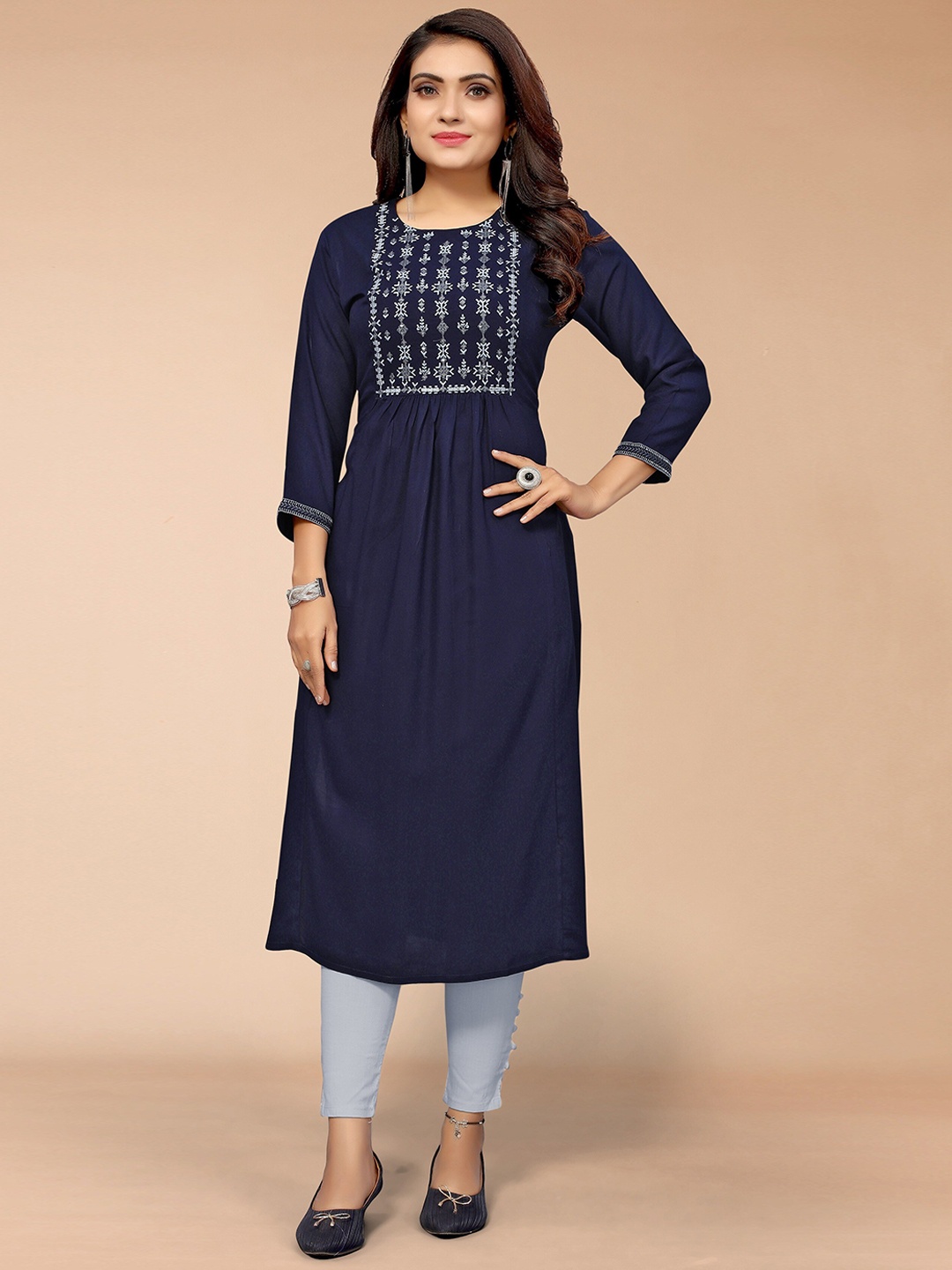 

KALINI Women Pleated Straight Kurta, Navy blue