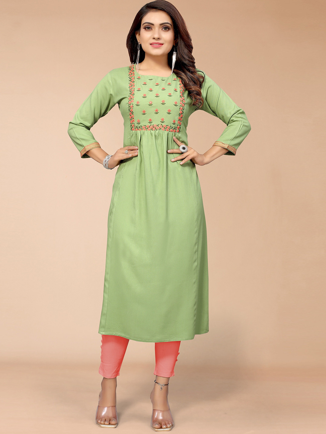 

KALINI Women Green Floral Embroidered Rayon Kurta