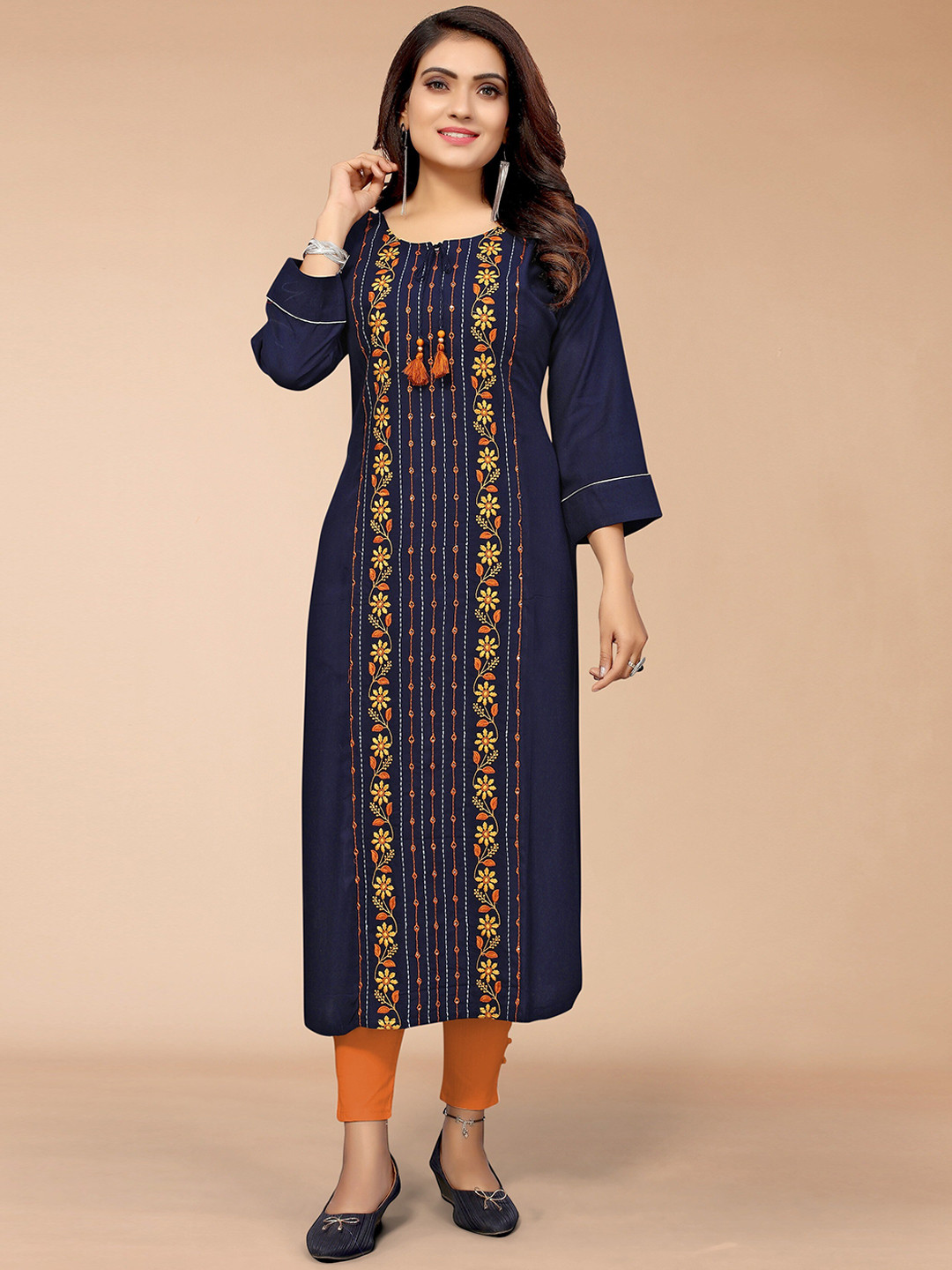 

KALINI Women Navy Blue Rayon Floral Embroidered Kurta
