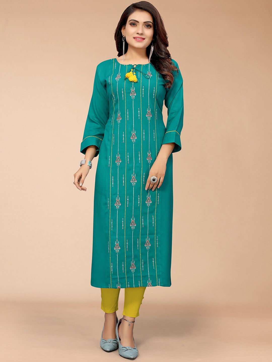

KALINI Women Teal Blue Geometric Printed Kurta