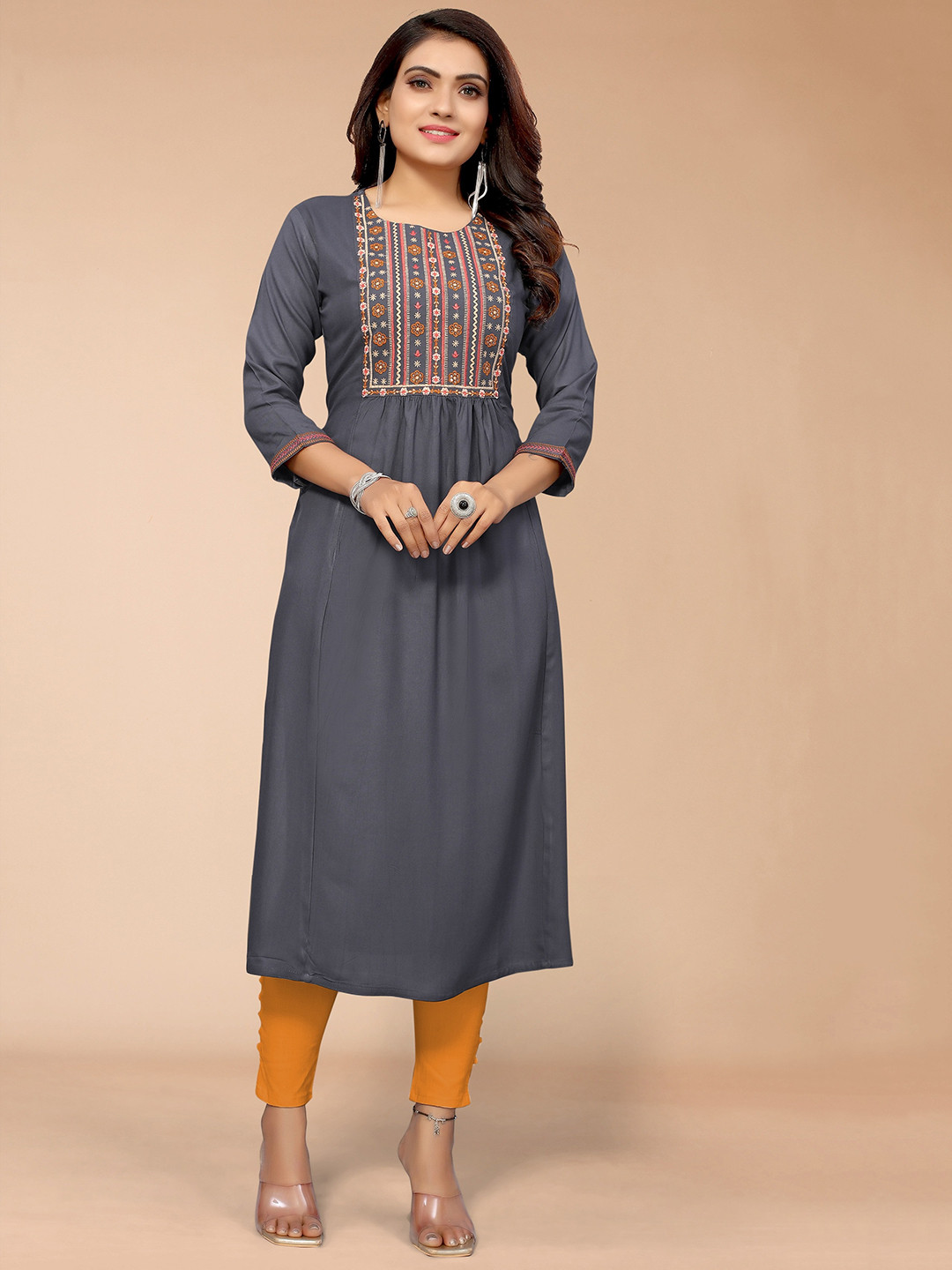 

KALINI Women Grey Floral Embroidered Empire Design A Line Kurta
