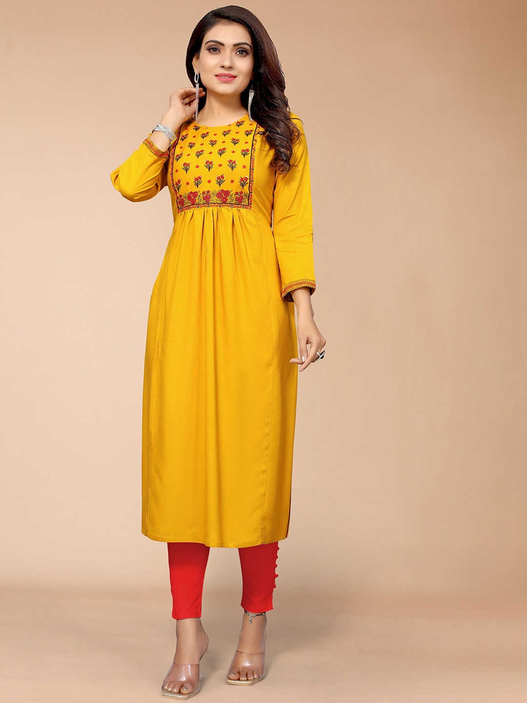 

KALINI Women Mustard Yellow Floral Embroidered Thread Work Kurta