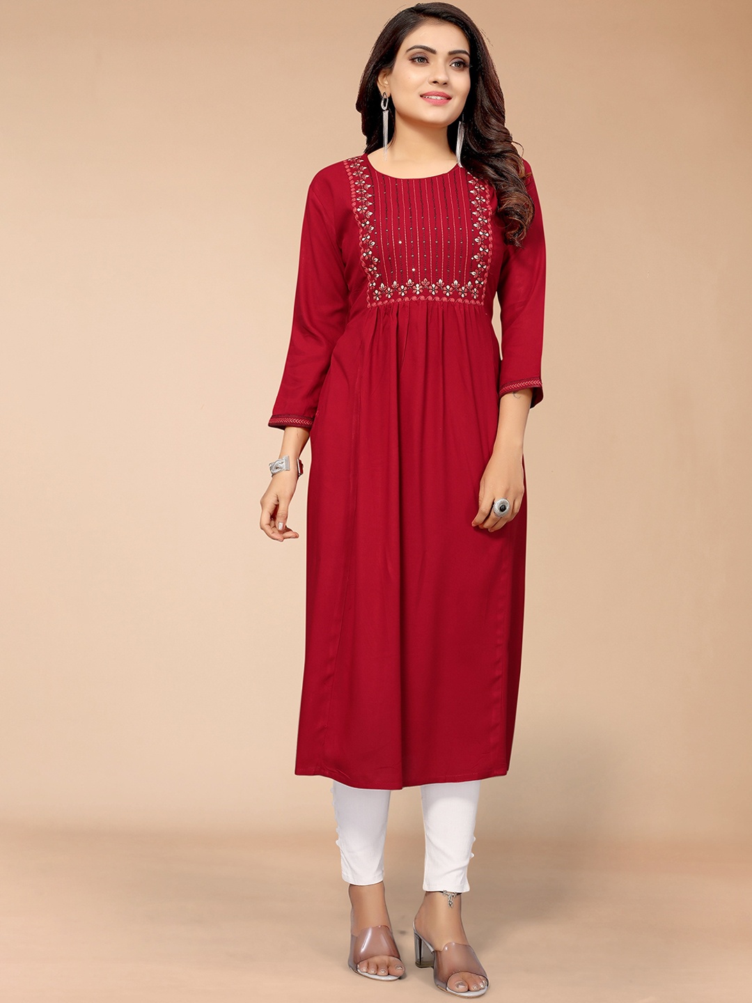

KALINI Women Maroon Embroidered Thread Work Kurta